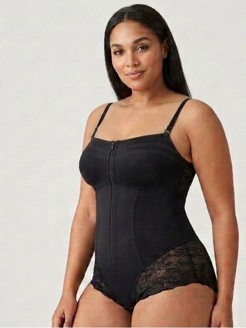 Front-Zip Black Lace-Trim Shaping Bodysuit
